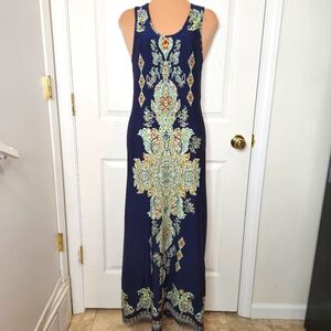 Alyn Paige Sleeveless Maxi Dress Racer Back Size Small Navy Blue Green Paisley
